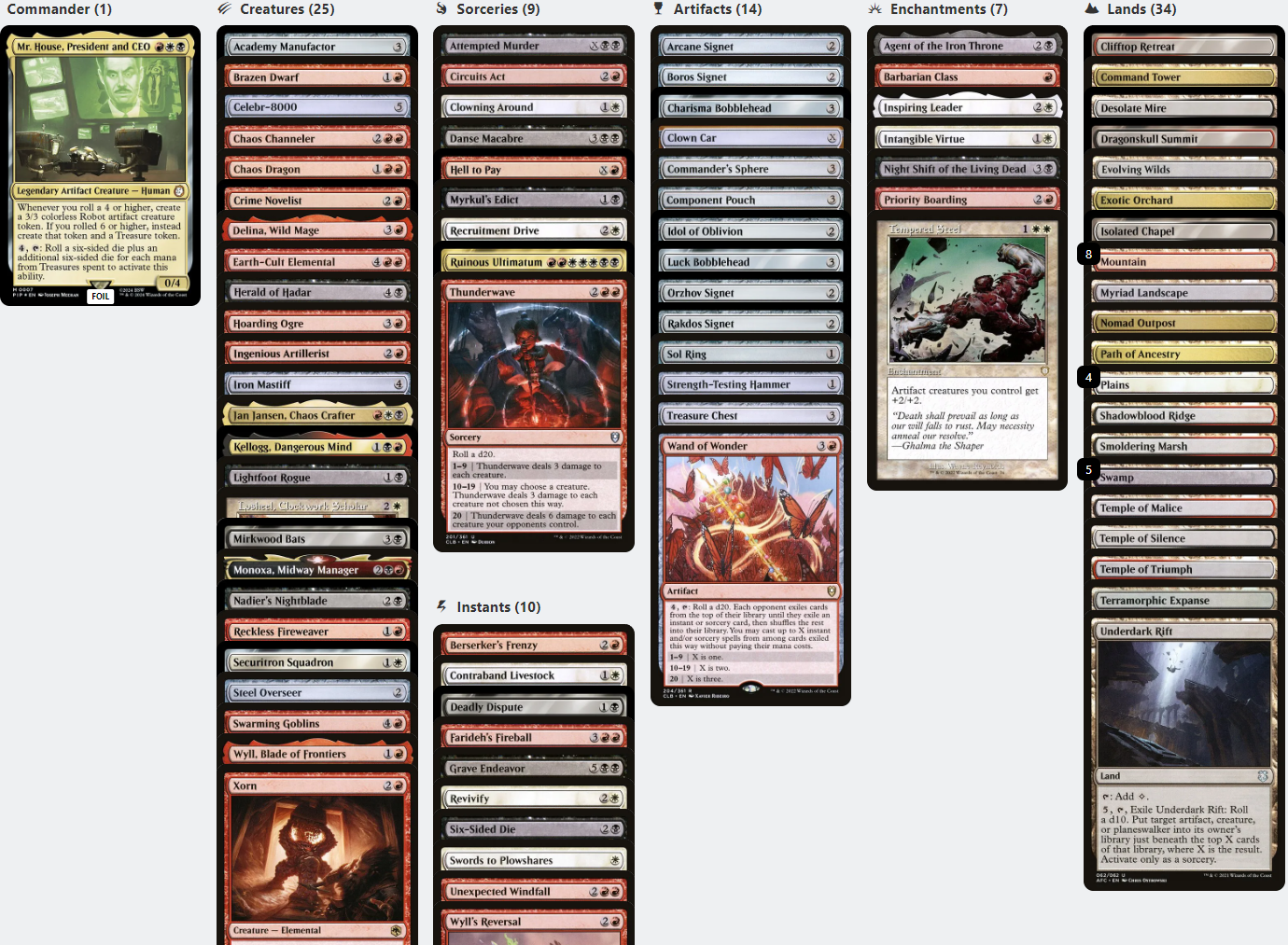 Mr. House, President and CEO DICE ROLLS TREASURE Fallout Magic MTG Custom Commander Deck