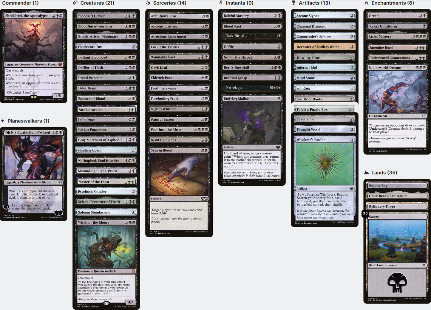 Sheoldred, the Apocalypse Forced Card Draw Life Drain Magic MTG Commander Deck *NO COMMANDER*