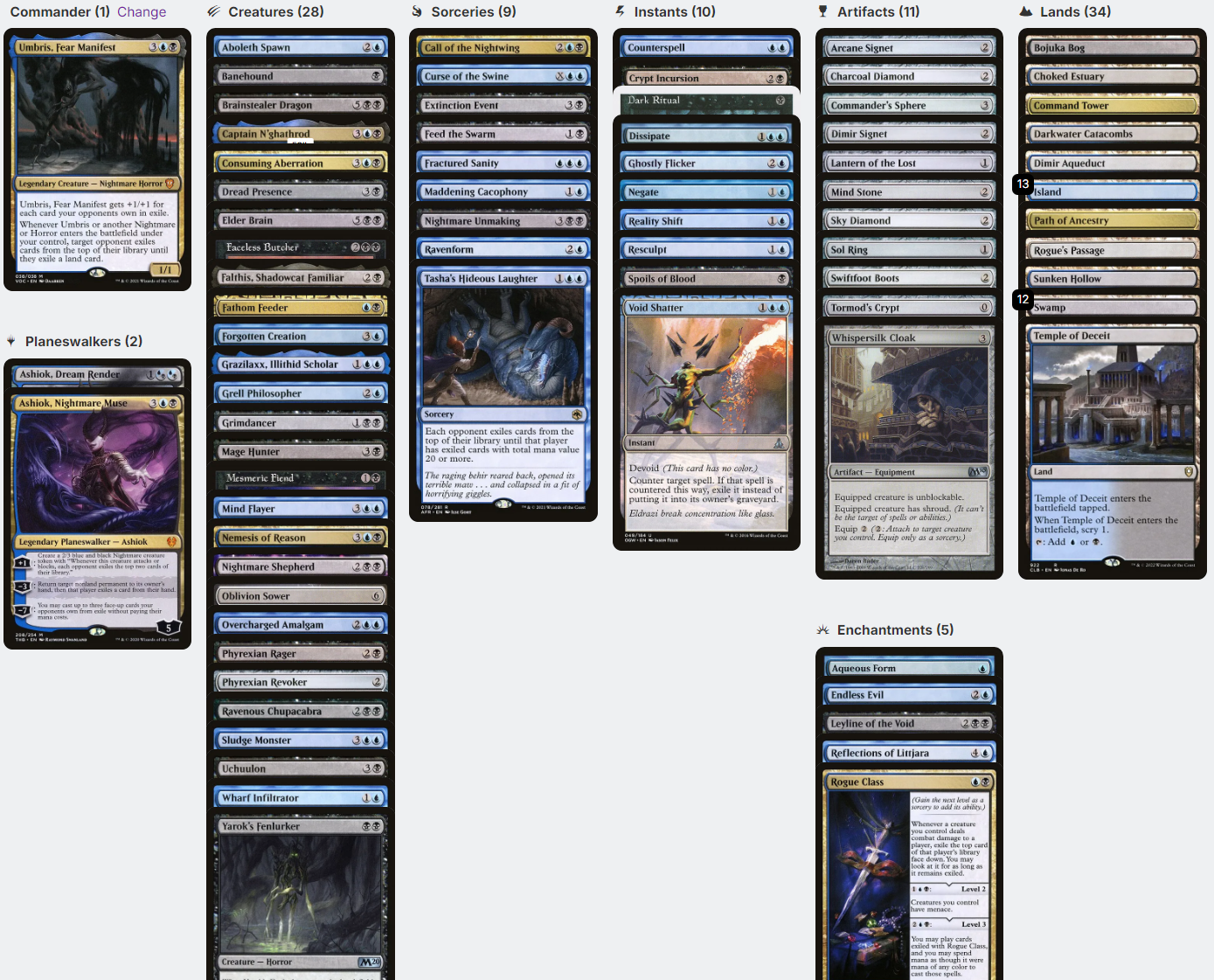 Umbris, Fear Manifest Mill Exile Nightmare Horror Tribal  Magic MTG Commander Deck