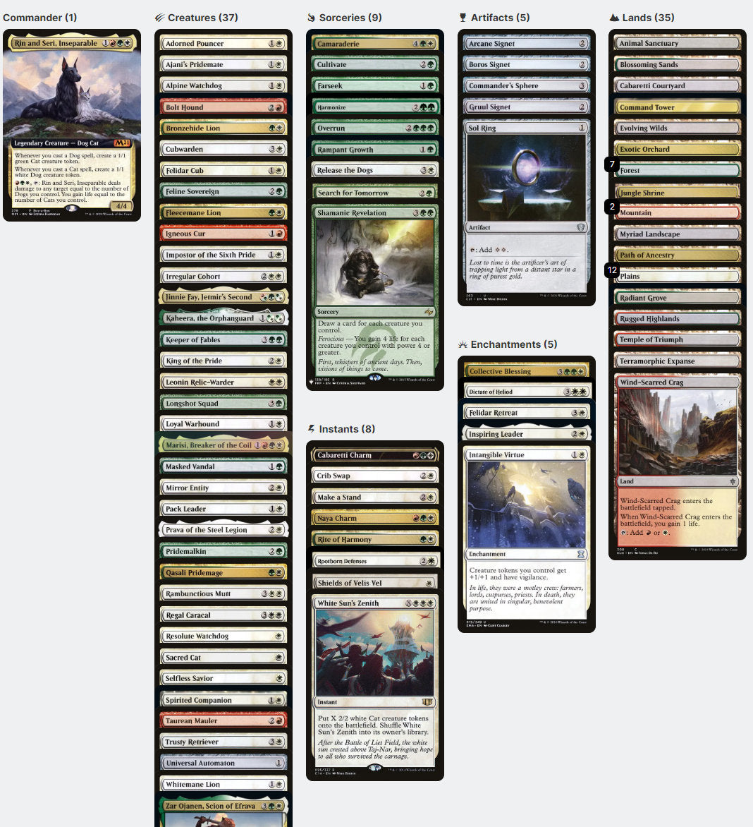 Rin and Seri, Inseparable Cats and Dogs Tribal Tokens Magic MTG Commander Deck