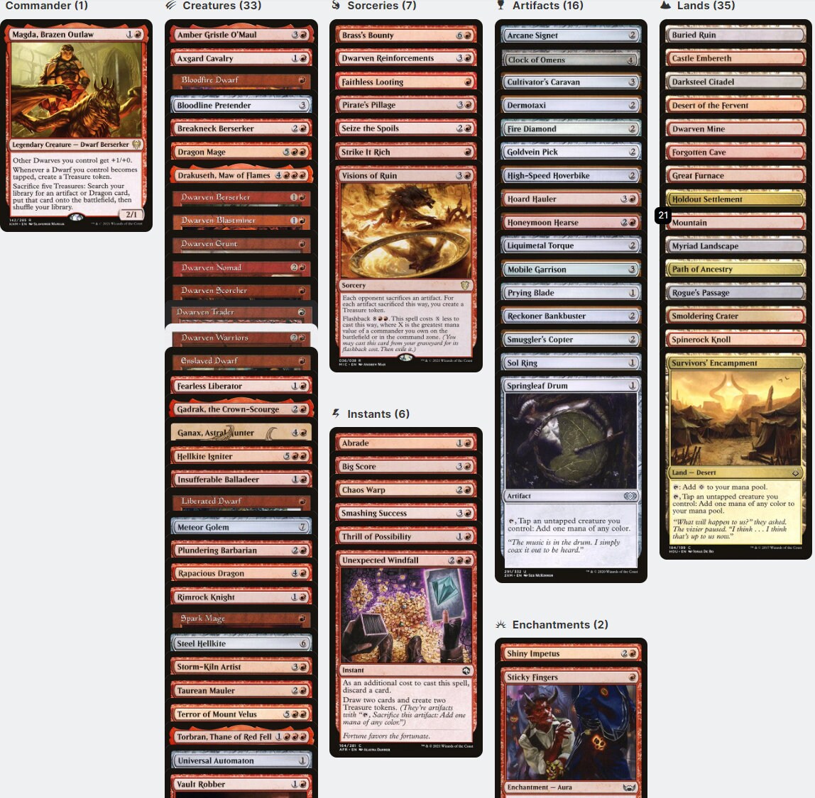 Magda, Brazen Outlaw DWARVES DRAGONS TREASURE Magic Mtg Custom Commander Deck