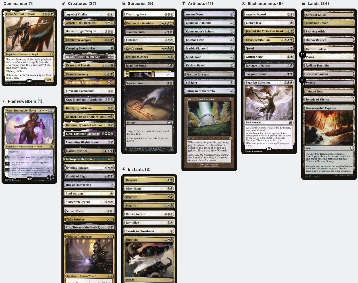 Liesa, Shroud of Dusk LIFE DRAIN LIFEGAIN Tax Magic Mtg Custom Commander Deck