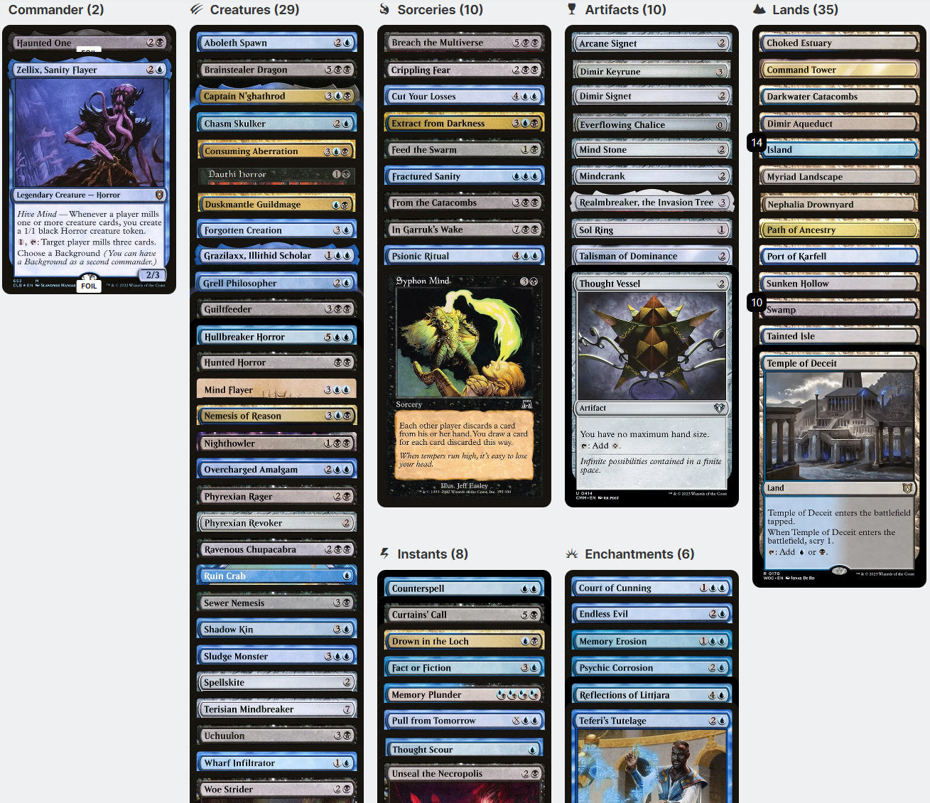 Zellix, Sanity Flayer and Haunted One HORROR MILL Magic MTG Commander Deck