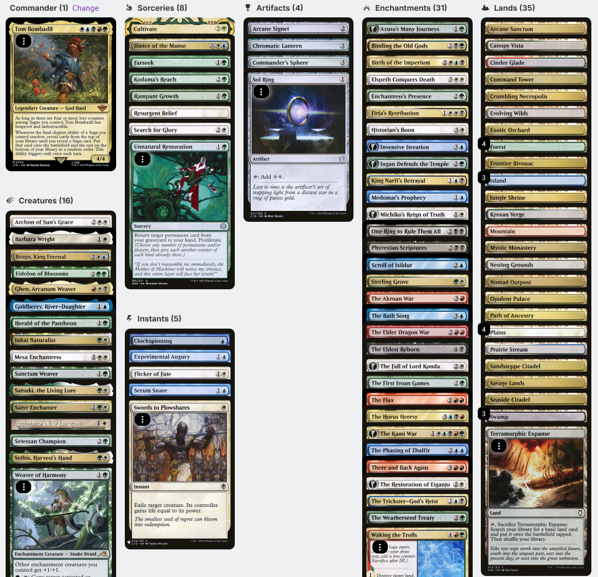 Tom Bombadil LotR SAGA ENCHANTRESS Five-Color Magic MTG Custom Commander Deck Tom Bombadil LotR SAGA ENCHANTRESS Five-Color Magic MTG Custom Commander Deck